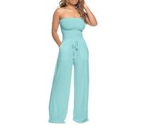 Overol de cintura sin tirantes para mujer, sin mangas, con cinturón, pierna ancha, con cinturón, holgado, con bolsillos, azul, XXL