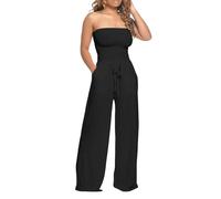 Overol de cintura sin tirantes para mujer, sin mangas, con cinturón, pierna ancha, con cinturón, holgado, con bolsillos, Negro, XL