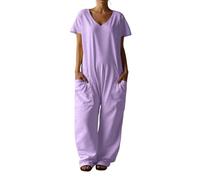 Overol de color liso con cuello en V y detalle de bolsillo, cómodo traje de una pieza para días de verano, viajes a la playa y vacaciones, con práctico atractivo diario, Morado (, XL