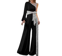 Overol de lentejuelas para mujer, con un hombro descubierto, de manga larga, brillante, con cordón, tropical, pierna ancha, acampanada, con cinturón, para verano, elegante, suelto, ropa cómoda para