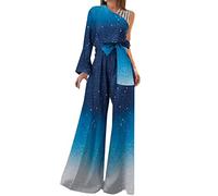 Overol de lentejuelas para mujer, con un hombro descubierto, de manga larga, brillante, con cordón, tropical, pierna ancha, acampanada, con cinturón, para verano, elegante, suelto, ropa cómoda para