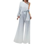 Overol de lentejuelas para mujer, con un hombro descubierto, de manga larga, brillante, con cordón, tropical, pierna ancha, acampanada, con cinturón, para verano, elegante, suelto, ropa cómoda para
