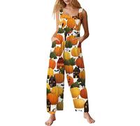 Overol de lino para mujer, diseño gráfico de Halloween, holgado, pierna ancha, informal, holgado, sin mangas, cuello cuadrado, peto, pantalones, vacaciones, ocio, calabaza, con bolsillos, Estilo