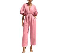 Overol de manga corta con cuello en V para mujer, silueta suelta de pierna ancha con lazo ajustable en la cintura, cómodo atuendo de una pieza para momentos casuales diarios, rosa, XXL