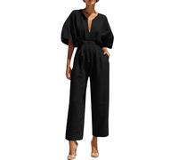 Overol de manga corta con cuello en V para mujer, silueta suelta de pierna ancha con lazo ajustable en la cintura, cómodo atuendo de una pieza para momentos casuales diarios, Negro, XXL