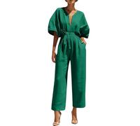 Overol de manga corta con cuello en V para mujer, silueta suelta de pierna ancha con lazo ajustable en la cintura, cómodo atuendo de una pieza para momentos casuales diarios, Verde tirando a negro, XL