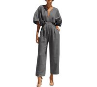 Overol de manga corta con cuello en V para mujer, silueta suelta de pierna ancha con lazo ajustable en la cintura, cómodo atuendo de una pieza para momentos casuales diarios, gris, XXL