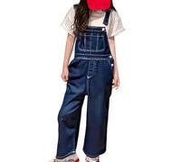 Overol de mezclilla para adolescentes y niñas, jeans rasgados, tirantes ajustables, overol sin mangas, pantalones holgados con bolsillo, pantalones vintage, azul oscuro, 13-14 años