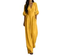 Overol de mujer con cuello en V, ropa casual de ocio, tela de algodón y lino, primavera y verano, para viajes, fines de semana, vacaciones, trabajo, fácil combinación de armario 2026, amarillo, L