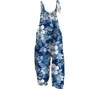 Overol de pierna ancha para mujer, casual, de verano, sin mangas, tirantes delgados, largo, bohemio, ajuste holgado, estampado floral, cuello en V, overol con peto, overol ligero de lino, blanco, S