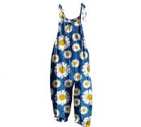 Overol estilo harén para mujer, estilo vintage, bohemio, estampado floral, ajuste holgado, sin mangas, tirantes delgados, overoles holgados con cuello en V y pantalones, azul celeste, XL