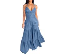 Overol para mujer, elegante, elegante, para salir del Reino Unido, overoles de verano, sin mangas, cuello en V, tirantes y espalda descubierta, overol de mezclilla, overol largo de una pieza, azul