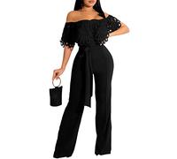Overol sexy de una pieza con hombros descubiertos para mujer, estilo casual, pierna ancha, pantalones largos, con cinturón, A-Negro, XL