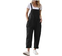 Overol suelto casual sin mangas de lino y algodón para mujer, overol holgado de verano ajustable, overol largo de mono de harén, Negro, XXL