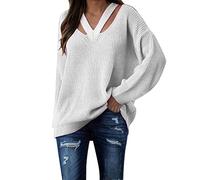 Oversized Sweater - Sudadera para mujer, cuello en V, elegante, transpirable, tops de color puro, bonita sudadera de manga larga, sudadera diaria actividades al aire libre suéteres chic suéter, blanco