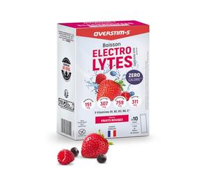 OVERSTIM.s- Bebida electrolítica (10 sobres) - Sin calorías - 4 electrolitos (Sodio, Calcio, Magnesio, Potasio) -5 Vitaminas (B1, B2, B3, B6, C) - Frutos rojos