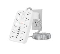 Overtop - Protector de sobretensión, cable de extensión trenzado de 5 pies, enchufe plano, 10 salidas ampliamente espaciadas con 6 puertos USB (2 USB C), estación de carga de computadora