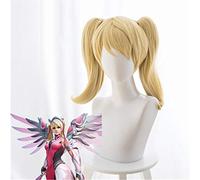 Overwatch Angela Ziegler Mercy Skin Pink Cosplay Peluca Corta Rubia Anime Pelucas De Disfraces Con Coletas De Doble Chip Para Mujeres Kuzb419