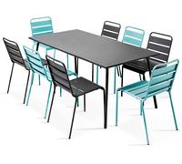Oviala Conjunto mesa de jardín y 8 sillas de metal gris y turquesa