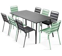 Oviala Conjunto mesa de jardín y 8 sillas de metal gris y verde salvia