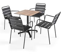 Oviala Mesa de jardín de conjunto laminado de roble oscuro y 4 sillas grises