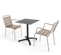 Oviala Mesa de jardín de conjunto laminado en gris pizarra y 2 sillones topo