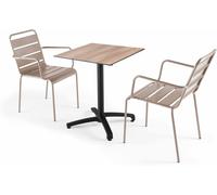 Oviala Mesa de jardín de conjunto laminado en roble oscuro y 2 sillones topo