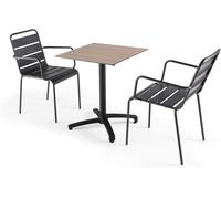 Oviala Mesa de jardín de madera laminada de roble y 2 sillones Palavas gris