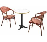 Oviala Mesa de terraza reclinable de mármol blanco de 60 cm y 2 sillas rojas