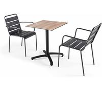 Oviala Mesa laminada de roble oscuro y 2 sillones grises