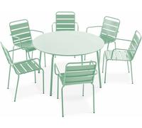 Oviala Mesa redonda de jardín y 6 sillas de acero verde salvia