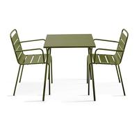 Oviala Palavas - Juego de mesa de jardín cuadrada y 2 sillones, acero verde caqui