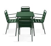Oviala Palavas - Juego de mesa de jardín cuadrada y 4 sillones, acero verde bosque