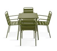 Oviala Palavas - Juego de mesa de jardín cuadrada y 4 sillones, acero verde caqui