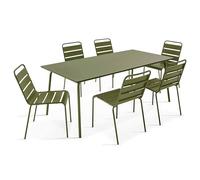 Oviala Palavas - Juego de mesa de jardín y 6 sillas de metal, color verde caqui