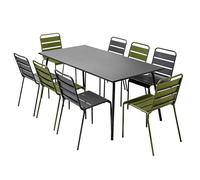 Oviala Palavas - Juego de mesa de jardín y 8 sillas de metal gris y verde caqui