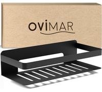 Ovimar Cesta de Ducha Rectangular Hinnoya | Negro Mate | Acero Inoxidable | Sin Taladrar | Para Pegar | Plato de Ducha | Ahorra Espacio | Para Bañera | Guarda Gel