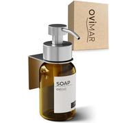 ovimar Dispensador de jabón de cristal Rosnaes plateado, cabezal de bomba de acero inoxidable y soporte de pared, sin taladrar, para pegar con 3 m, 250 ml de vidrio ámbar