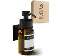 ovimar Dispensador de jabón de cristal Stord, color negro, cabezal de bomba de acero inoxidable y soporte de pared, sin taladrar, para pegar con 3 m, 250 ml de vidrio ámbar
