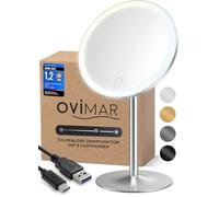 ovimar Espejo cosmético Bogo plata | con iluminación | recargable | independiente | en el baño | espejo de 5 aumentos | espejo de maquillaje con luz | espejo de 360 grados