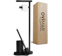 ovimar Juego de Inodoro de pie 3 en 1 Tysnes en Negro | Juego de escobilla de Inodoro con Cabezal de Silicona, portarrollos de Papel higiénico y Soporte para Smartphone | de Acero Inoxidable