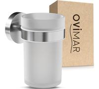 ovimar Vaso para cepillos de Dientes Nordre, Color Plateado, de Cristal y Acero Inoxidable para el baño, con Vaso extraíble y Soporte para cepillos de Dientes, para taladrar en la Pared