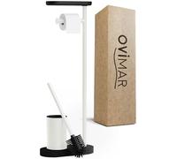 ovimar Vradal - Set de inodoro de pie 3 en 1 en color blanco | Escobilla de inodoro con cabezal de silicona, portarrollos y soporte para smartphone Ahorra espacio | Elegante organizador de baño de