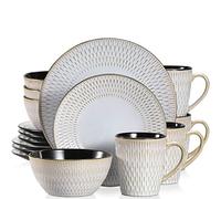 OVLIIYWZY 16/32/48 Piece Grey Embossed Stoneware Tableware Set with Dinner/Dessert Plates/Soup Bowls/Mugs for 4/8/12.