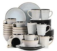 OVLIIYWZY 16/32/48 Piece Grey Embossed Stoneware Tableware Set with Dinner/Dessert Plates/Soup Bowls/Mugs for 4/8/12.