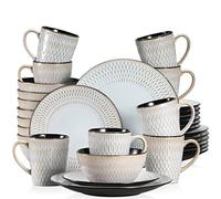 OVLIIYWZY 16/32/48 Piece Grey Embossed Stoneware Tableware Set with Dinner/Dessert Plates/Soup Bowls/Mugs for 4/8/12.