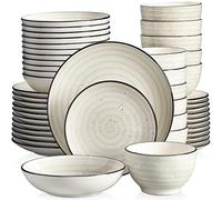 OVLIIYWZY Beige 24/48-Piece Handpainted Spirals Stoneware Dinner Combi-Set with Bowl,Dessert Plate,Soup Plate,Dinner Plate