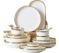OVLIIYWZY Nordic Style Gold Inlay Bright White Porcelain Dinner Sets Ceramic Bowl Dish Plates Set Porcelain Dinnerware for Household Hotel