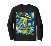OVNI secuestrando un calamar gigante, estilo de noche estrellada de Van Gogh Manga Larga