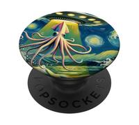 OVNI secuestrando un calamar gigante, estilo de noche estrellada de Van Gogh PopSockets PopGrip Adhesivo